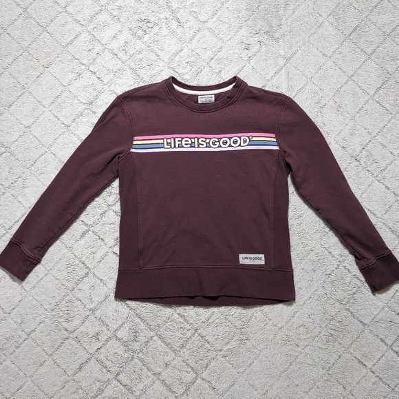 Life is Good Sweatshirt Women's XS Purple Retro Crew Neck Long Sleeve Cotton - Picture 1 of 5